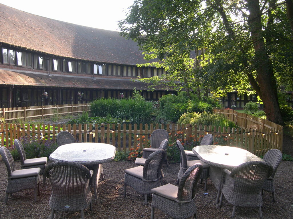 The outdoor seating by the main conference room - with a pond!